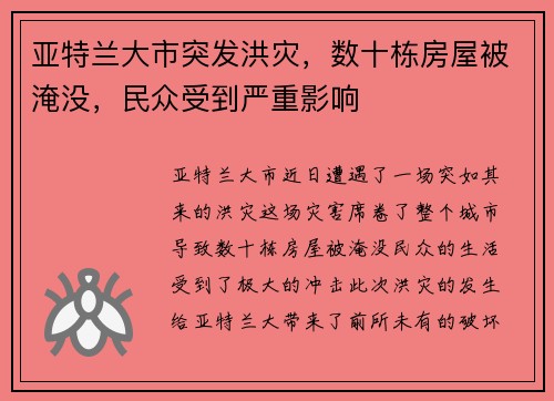 亚特兰大市突发洪灾，数十栋房屋被淹没，民众受到严重影响