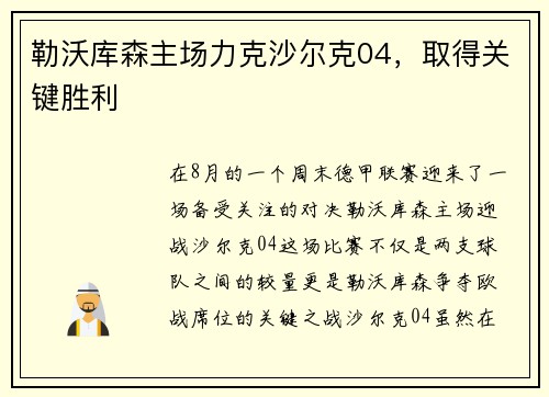 勒沃库森主场力克沙尔克04，取得关键胜利