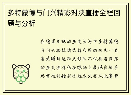 多特蒙德与门兴精彩对决直播全程回顾与分析